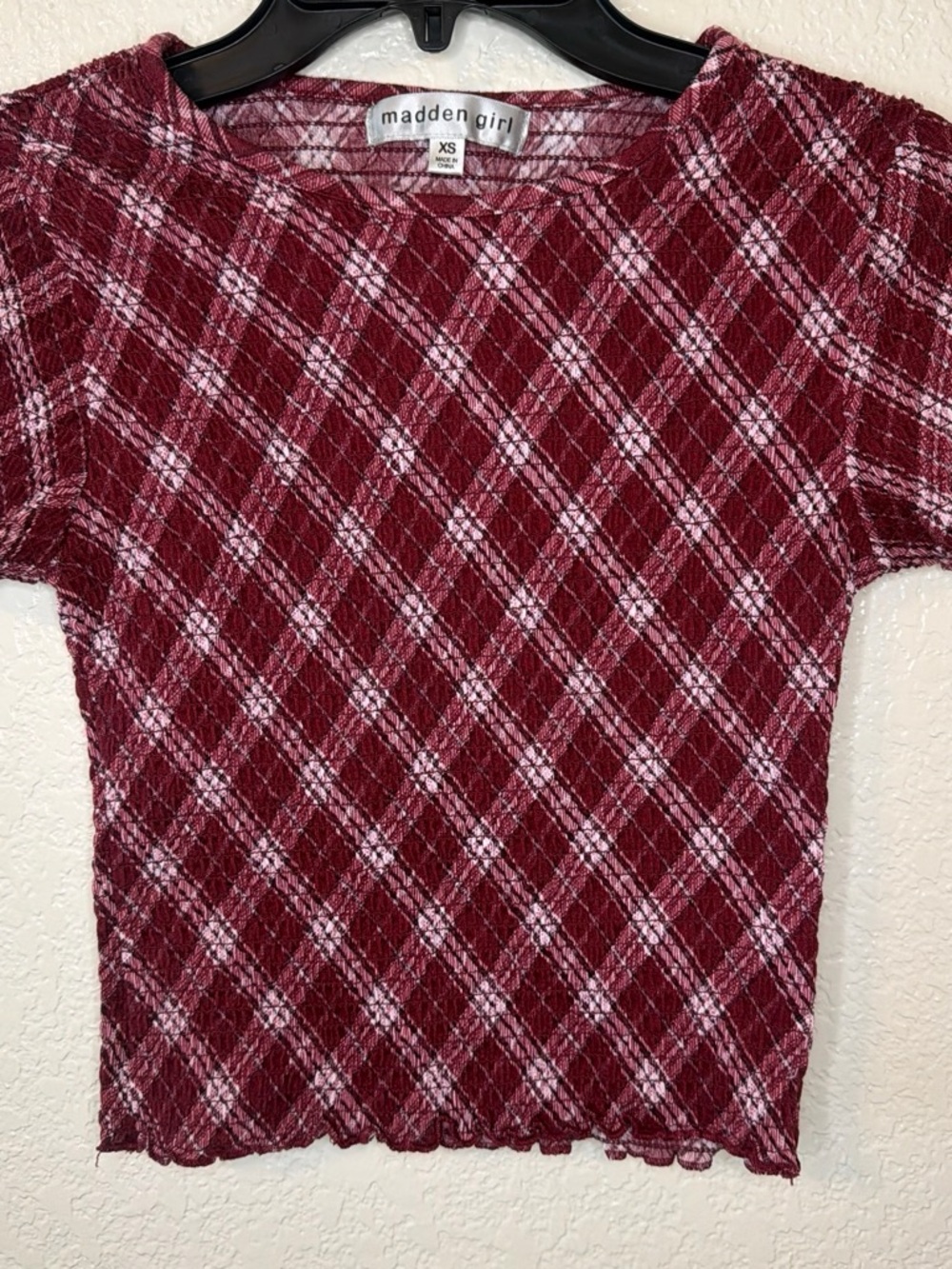 Madden Girl Burgundy and Light Pink Plaid Short Sleeve Top